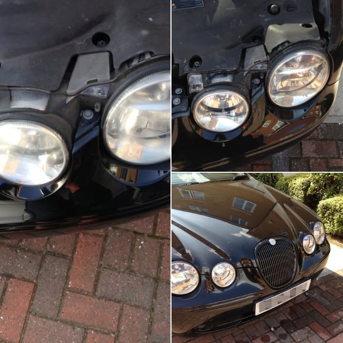 Before and after headlight restoration on a black Jaguar S-Type in Essex showing the cloudy yellowed lens restored to factory-clear condition