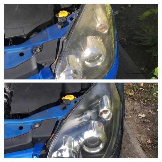 Subaru Impreza headlight restoration before and after on blue car in Essex